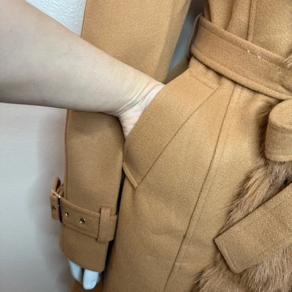 Khaki removable faux fur belted wrap pea coat - Picture 9 of 14